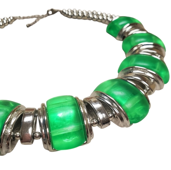 Green and Silver Statement Necklace. Acrylic or Lucite Green Beads. OS - Picture 5 of 6